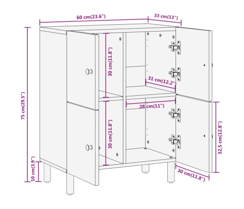 Armario auxiliar madera maciza de mango 60x33x75 cm