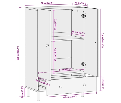 Aparador alto madera maciza de mango 60x33x100 cm