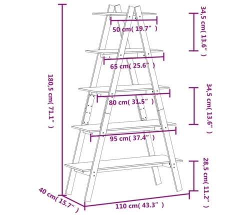 vidaXL Estantería 5 niveles forma A madera maciza pino 110x40x180,5 cm