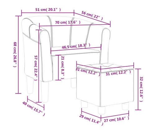 Sillón con taburete tela morado