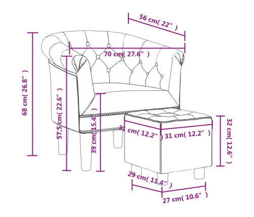 Sillón con taburete cuero sintético plateado