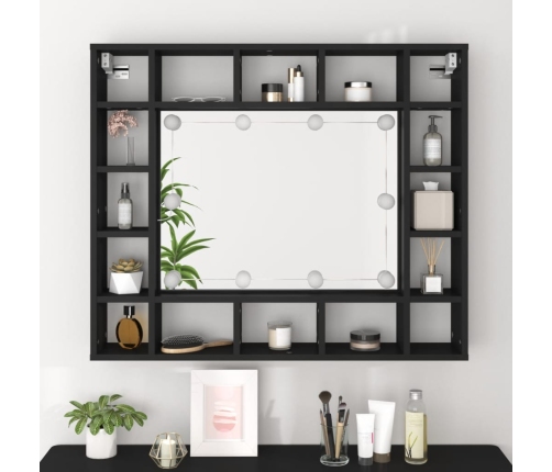 Mueble con espejo y luces LED negro 91x15x76,5 cm