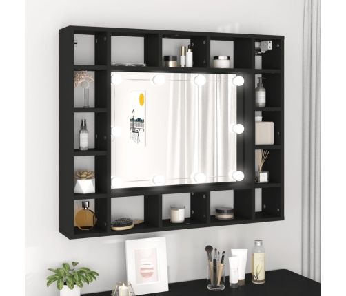 Mueble con espejo y luces LED negro 91x15x76,5 cm