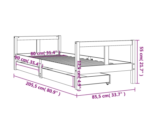 Estructura cama niños con cajones madera pino blanco 80x200 cm