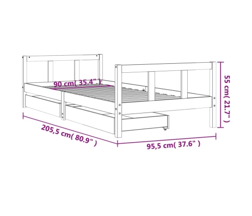 Estructura cama niños con cajones madera pino blanco 90x200 cm