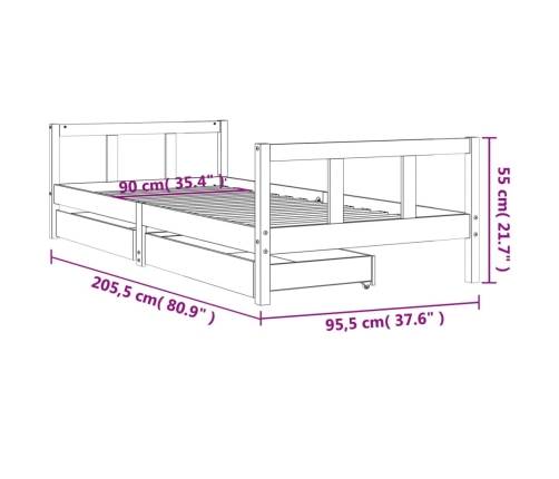 Estructura de cama niños con cajones madera pino negro 90x200cm