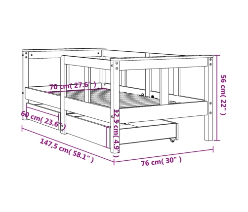 Estructura de cama para niños con cajones madera pino 70x140 cm