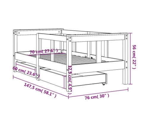 Estructura cama niños con cajones madera pino blanco 70x140 cm