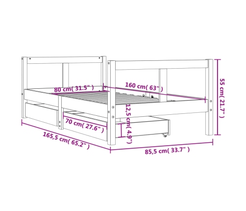 Estructura de cama infantil con cajones madera de pino 80x160cm