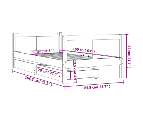 Estructura cama infantil y cajones madera pino negro 80x160 cm