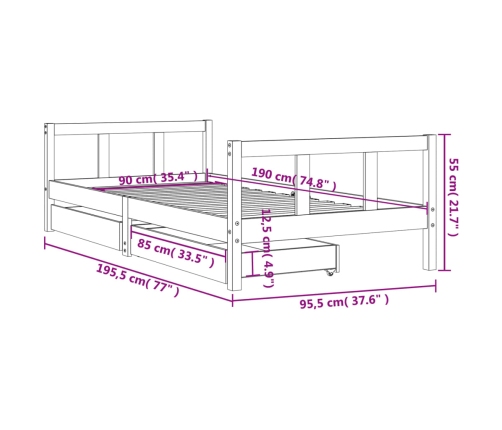 Estructura de cama infantil con cajones madera pino 90x190 cm