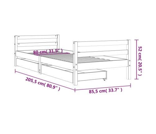 Estructura de cama niños con cajones madera pino negro 80x200cm