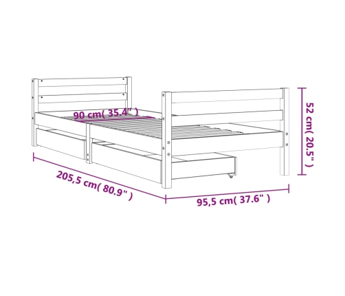 Estructura de cama niños con cajones madera pino negro 90x200cm