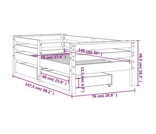 Estructura de cama para niños con cajones madera pino 70x140 cm