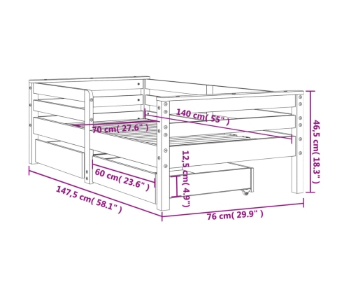 Estructura cama niños con cajones madera pino blanco 70x140 cm