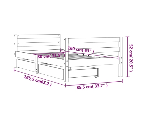 Estructura cama infantil y cajones madera pino blanco 80x160 cm