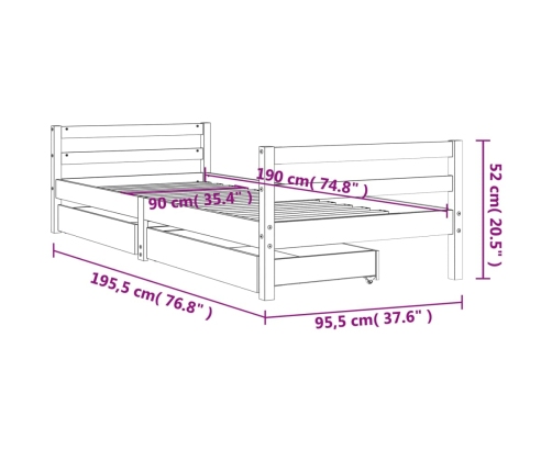 Estructura de cama infantil con cajones madera pino 90x190 cm