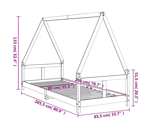 Estructura de cama para niños madera maciza de pino 80x200 cm