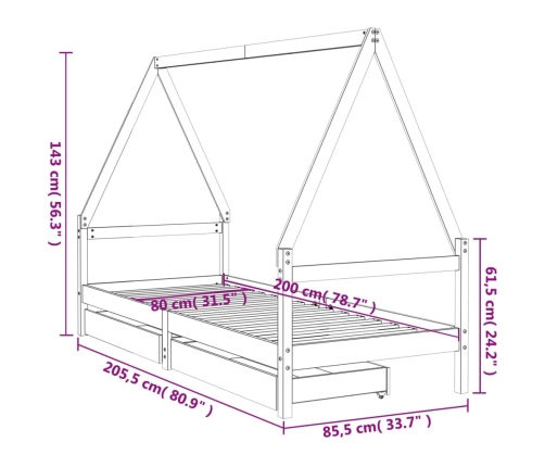 Estructura de cama para niños con cajones madera pino 80x200 cm