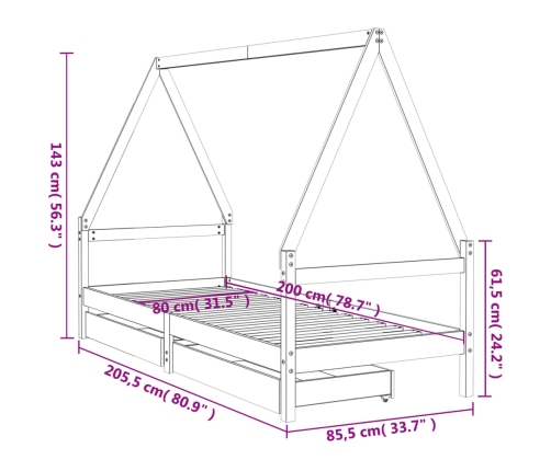 Estructura de cama niños con cajones madera pino negro 80x200cm