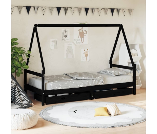 Estructura de cama niños con cajones madera pino negro 80x200cm