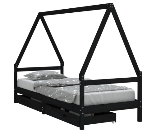 Estructura de cama niños con cajones madera pino negro 90x200cm