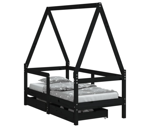 Estructura de cama niños con cajones madera pino negro 70x140cm