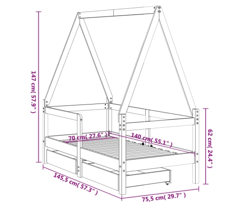 Estructura de cama niños con cajones madera pino negro 70x140cm