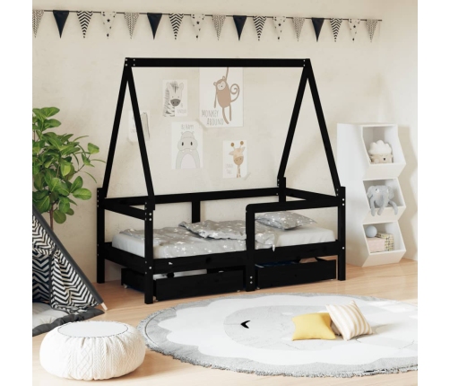 Estructura de cama niños con cajones madera pino negro 70x140cm