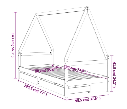 Estructura de cama infantil con cajones madera pino 90x190 cm