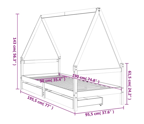 Estructura cama infantil y cajones madera pino negro 90x190 cm