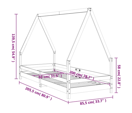 Estructura de cama para niños madera maciza de pino 80x200 cm