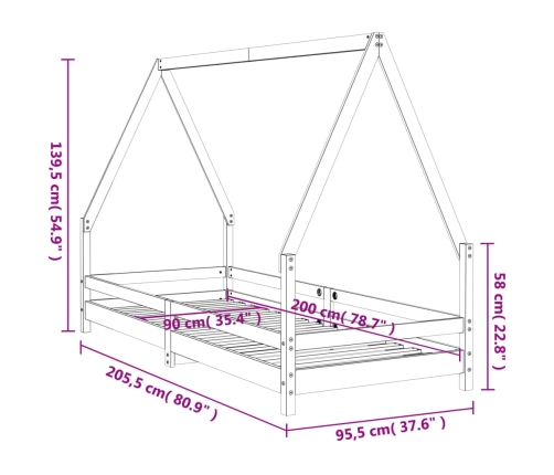 Estructura de cama para niños madera maciza de pino 90x200 cm