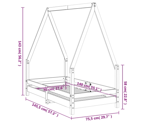 Estructura de cama para niños madera maciza de pino 70x140 cm