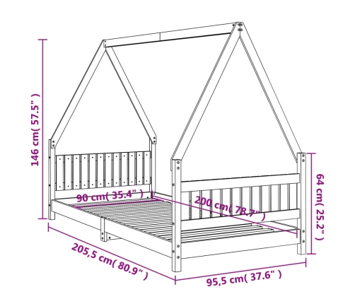 Estructura de cama para niños madera maciza de pino 90x200 cm