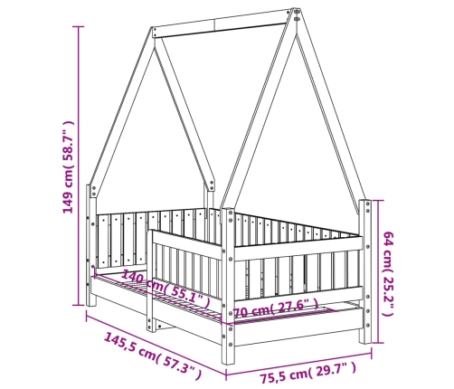 Estructura de cama para niños madera maciza de pino 70x140 cm