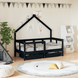 Estructura de cama niños con cajones madera pino negro 70x140cm