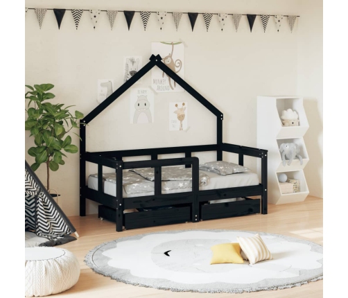 Estructura de cama niños con cajones madera pino negro 70x140cm