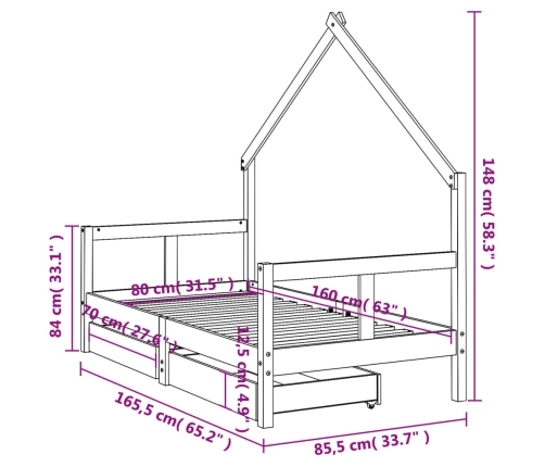 Estructura de cama infantil con cajones madera de pino 80x160cm