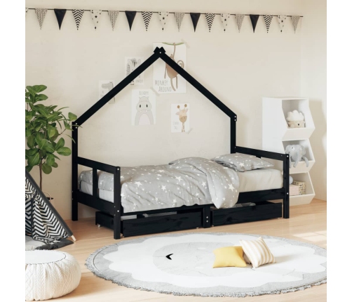 Estructura cama infantil y cajones madera pino negro 80x160 cm