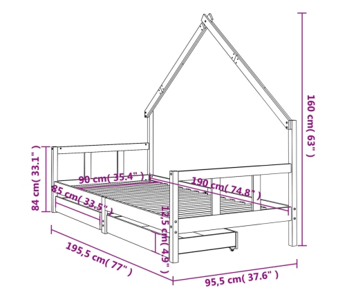 Estructura de cama infantil con cajones madera pino 90x190 cm