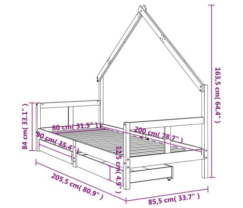 Estructura cama niños con cajones madera pino blanco 80x200 cm