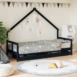 Estructura de cama niños con cajones madera pino negro 80x200cm