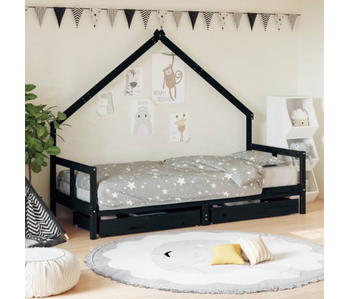 Estructura de cama niños con cajones madera pino negro 80x200cm