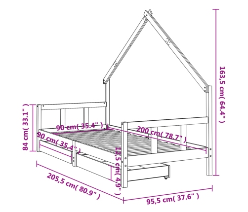 Estructura de cama para niños con cajones madera pino 90x200 cm