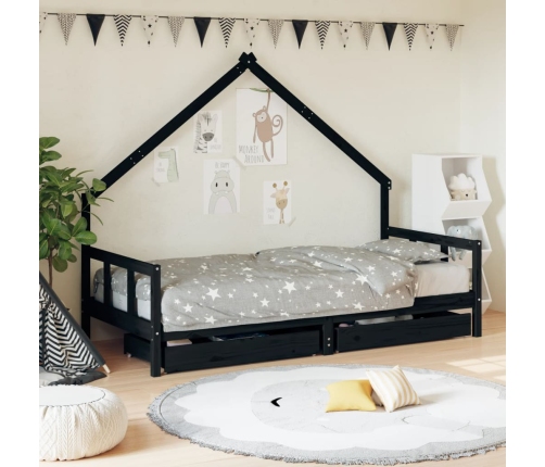 Estructura de cama niños con cajones madera pino negro 90x200cm