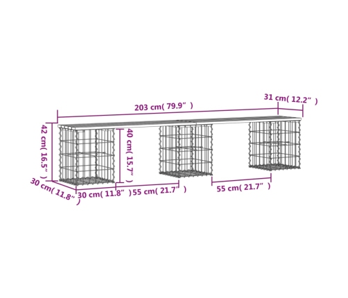 vidaXL Banco de jardín diseño gaviones madera maciza pino 203x31x42 cm