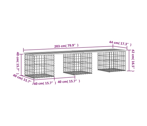 Banco de jardín diseño gaviones madera maciza pino 203x44x42 cm