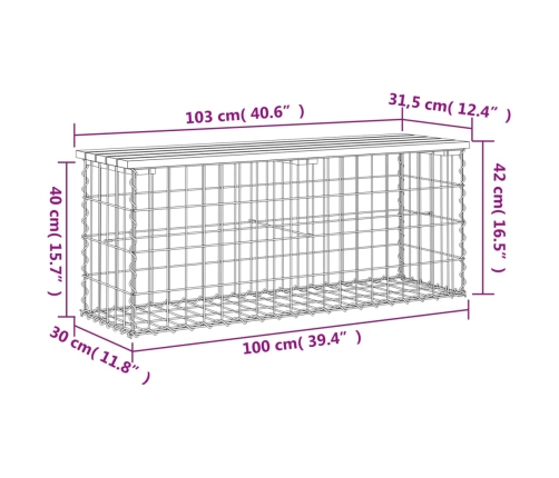 Banco jardín diseño gaviones madera maciza pino 103x31,5x42 cm