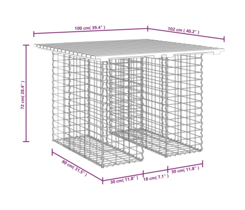 Banco de jardín diseño gaviones madera maciza pino 100x102x72cm